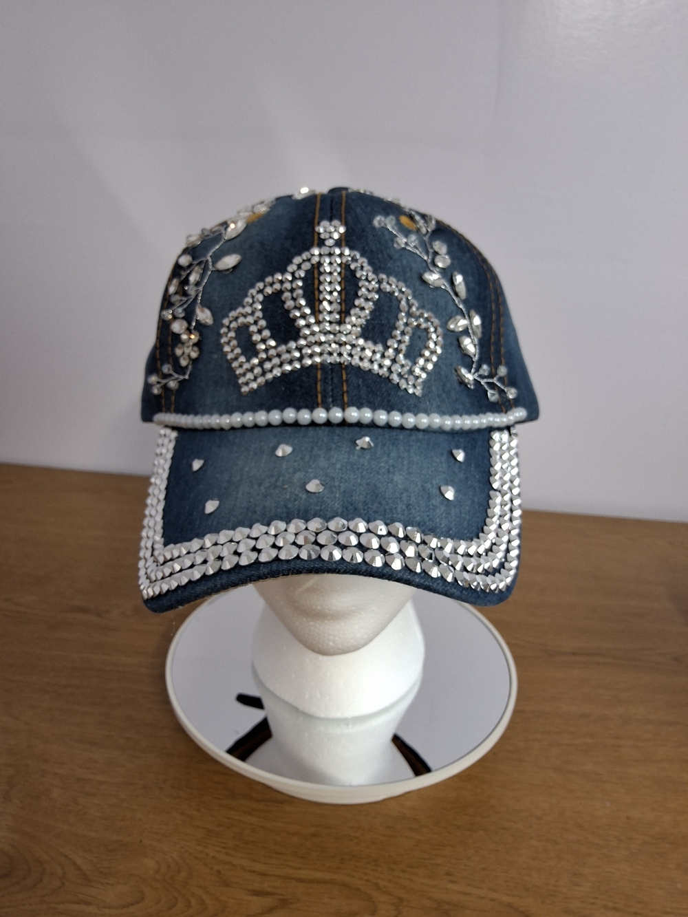 Handcrafted Womens Denim Crown Rhinestone Baseball Cap Adjustable